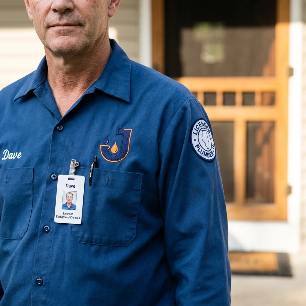 Licensed plumber showing ID badge in Yorktown, IN