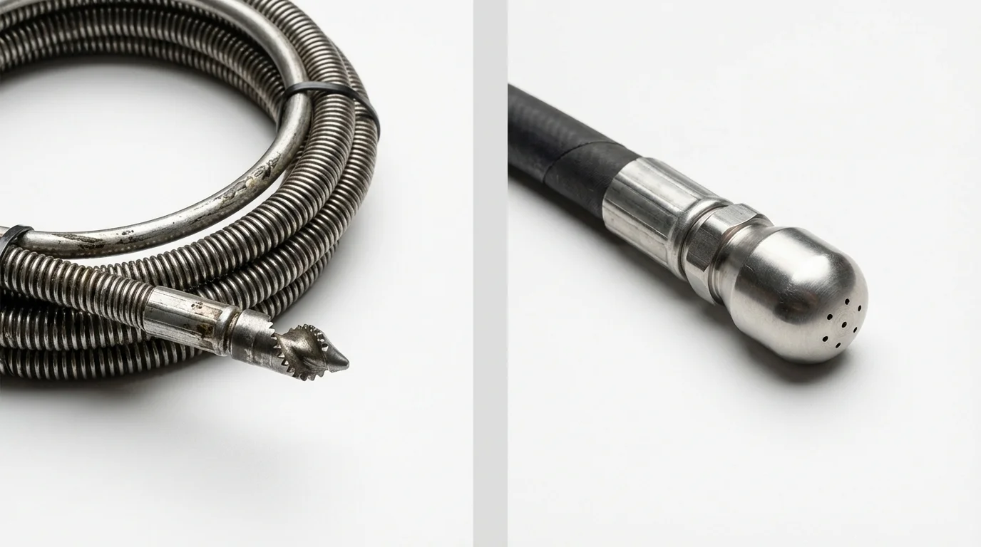 Drain snake cable and hydro jetting nozzle used for drain cleaning in Yorktown, IN