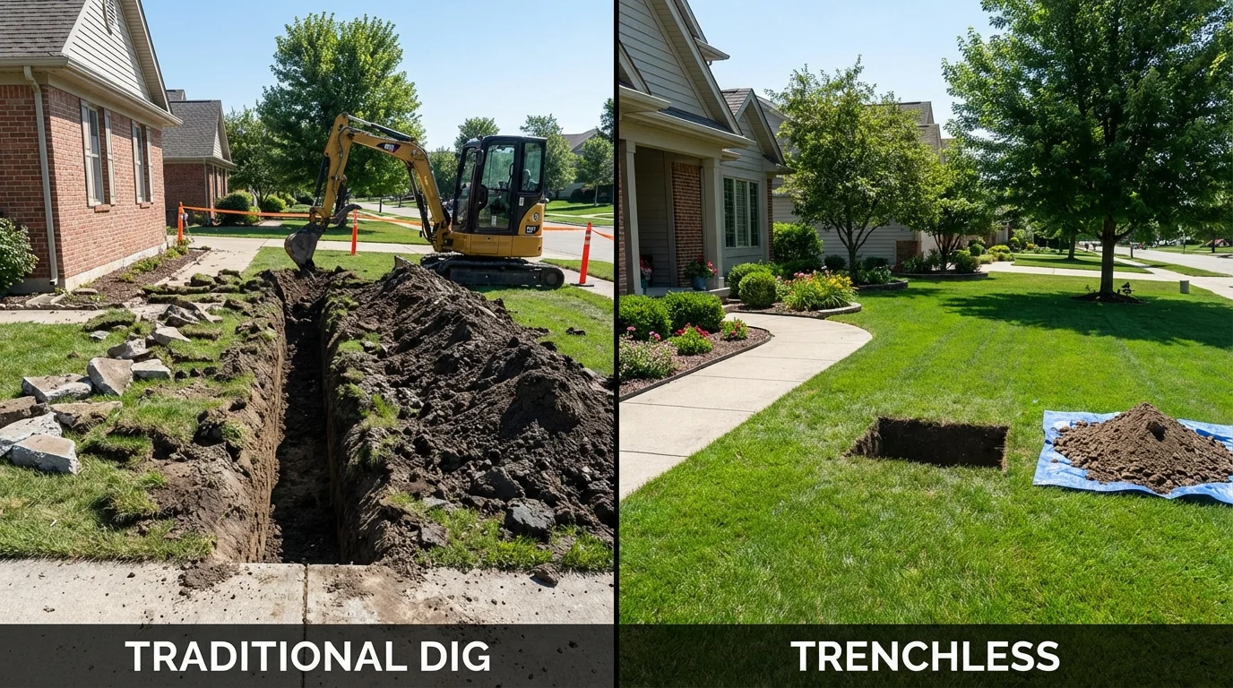 Trenchless sewer repair with minimal yard damage versus traditional excavation in Yorktown, IN