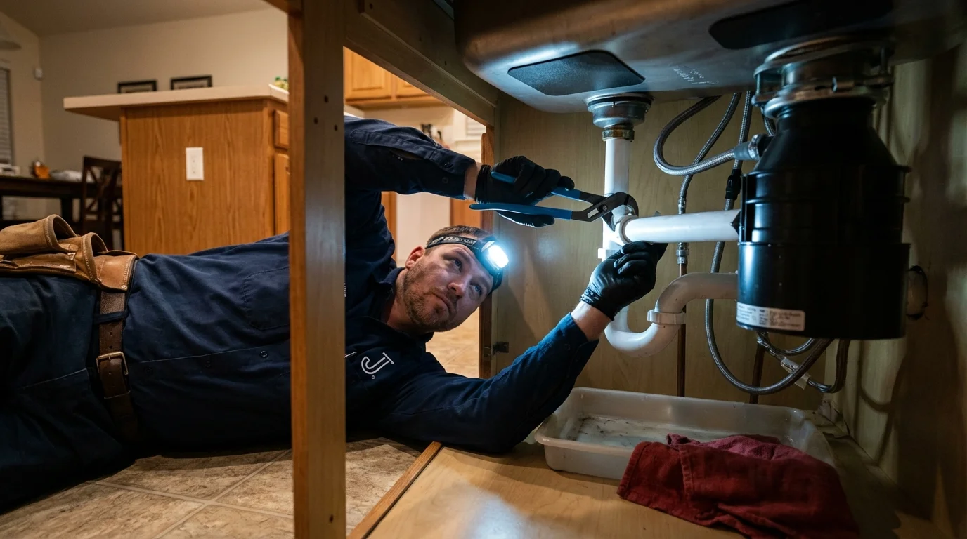 P-trap and supply line connections under a kitchen sink showing a common leak point in Yorktown, IN